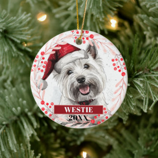 Westie Terrier i tomtehatt Julgranskryddnad Julgransprydnad Keramik