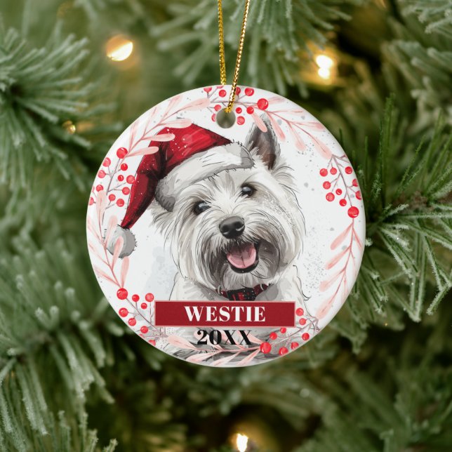 Westie Terrier i tomtehatt Julgranskryddnad Julgransprydnad Keramik (Träd)