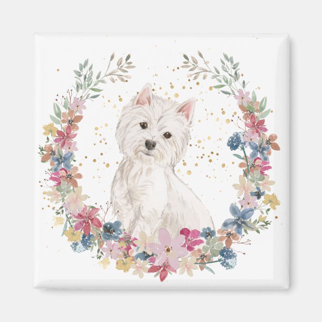 Westie Terrier Vår blommor Wandan Magnet (Framsidan)