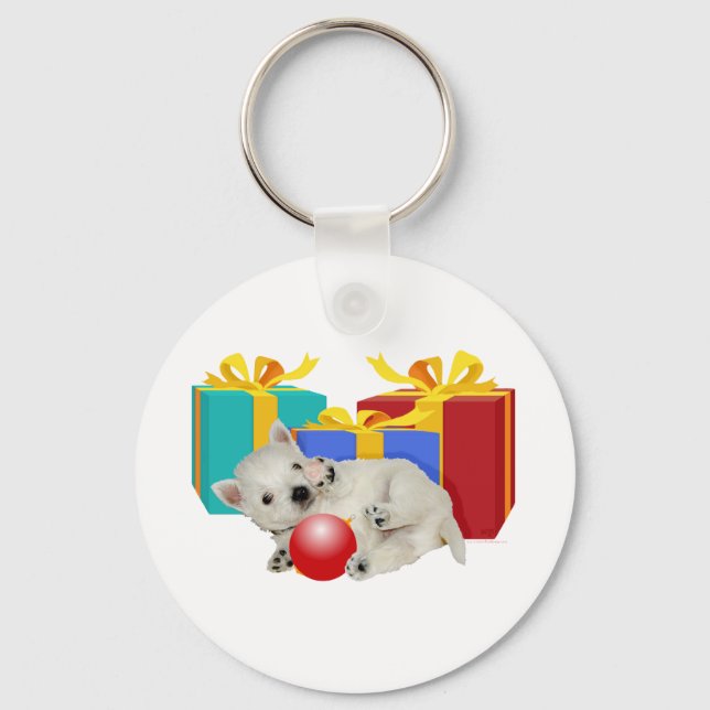 Westie-valp med julklappar nyckelring (Framsida)