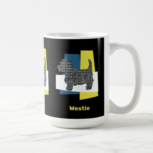 Westie White Terrier Pet Hund Silhouette Y&B Grid Kaffemugg (Höger)