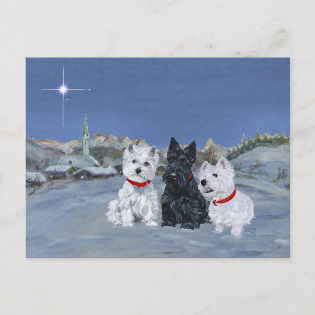 Westies och en Scottie jul Helg Vykort (Framsida)