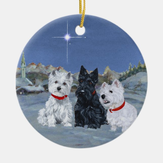 Westies och en Scottie jul Julgransprydnad Keramik (Framsidan)