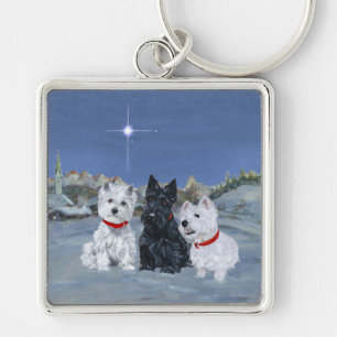Westies och en skotsk jul fyrkantig silverfärgad nyckelring