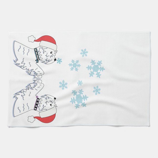 Westies och snöflingor kökshandduk (Horisontell)