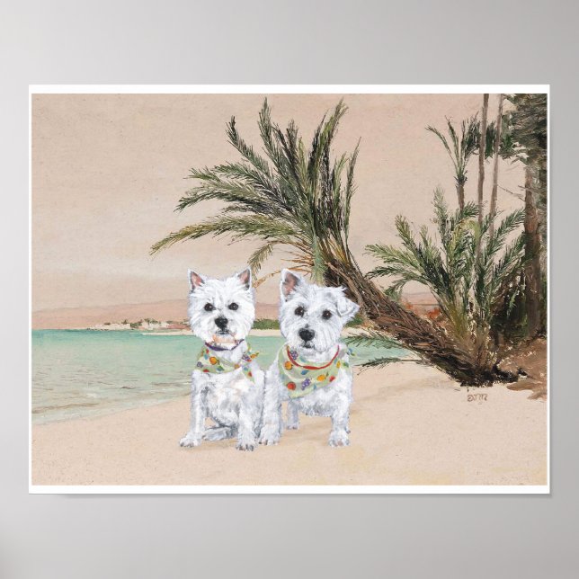 Westies på en palmkantad strand poster (Framsidan)