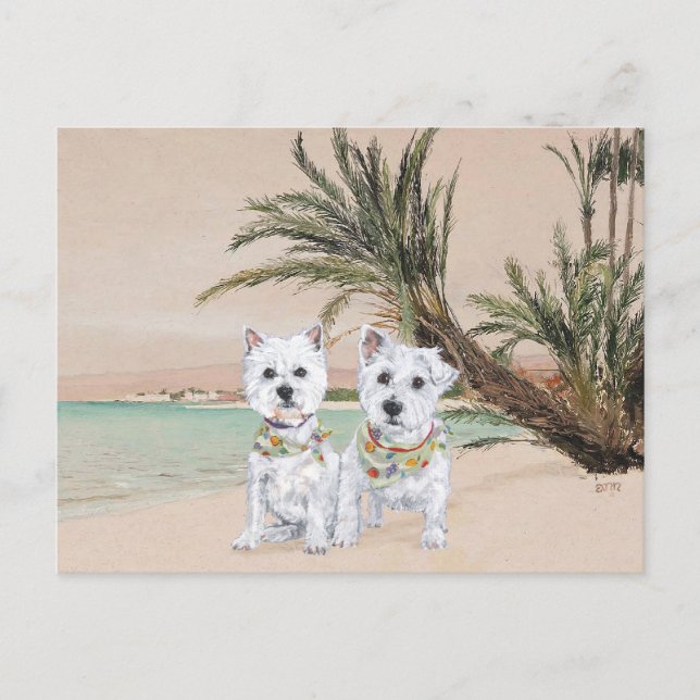 Westies på en solig strand vykort (Framsida)