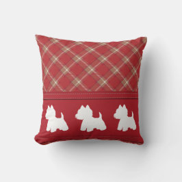 Westies på röd tartan kudde