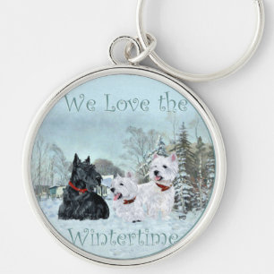 Westies & Scottie på vintern Rund Silverfärgad Nyckelring