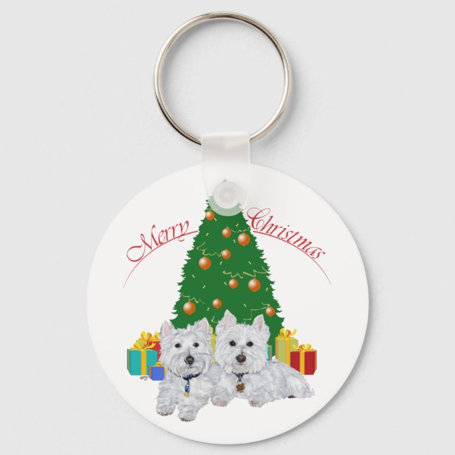 Westies vid julgranen nyckelring (Framsida)