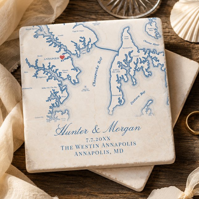 Westin Annapolis Bröllop Annapolis MD Kartpresent Stenunderlägg (Westin Annapolis Wedding Favor Stone Coaster with Chesapeake Bay Map by Coastal Map Designs)