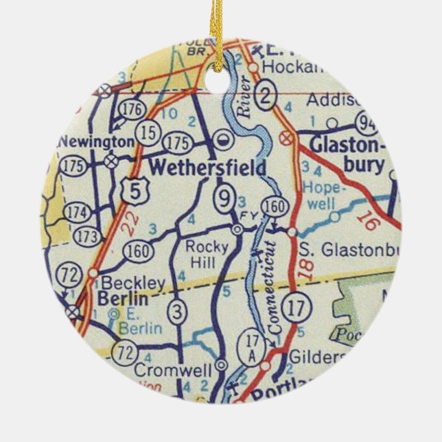 Wethersfield CT Vintage Karta Julgransprydnad Keramik (Baksidan)