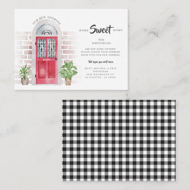 Weve Flyttat Gingham Red Door Flytta Announcement Anteckningskort (Fram/baksida)