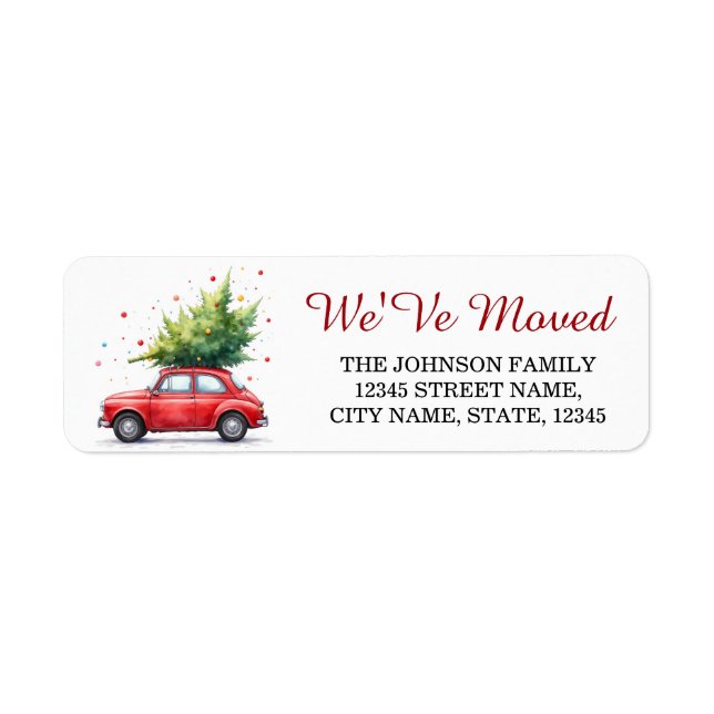 We've Moved Christmas Car Tree Holiday Moving Returadress Etikett (Framsidan)