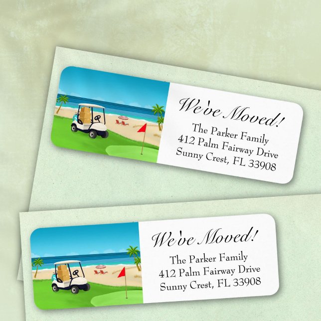 We've Moved Golf Course Beach Moving Announcement Returadress Etikett (Skapare uppladdad)