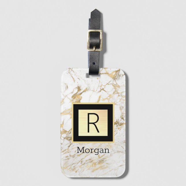 Wh/Guld Marble Blk/Guld Box, DIY Blk Namn Monogram Bagagebricka (Framsida vertikal)