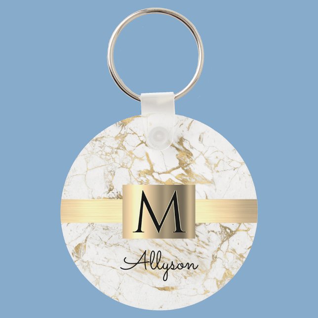 Wh & Guld Marble Guld Box, DIY Black Namn Monogram Nyckelring (Skapare uppladdad)