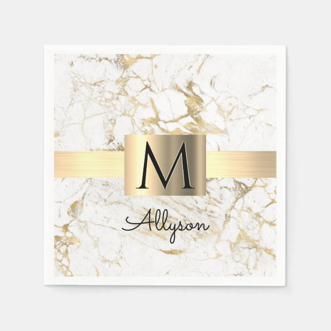 Wh & Guld Marble Guld Box, DIY Black Namn Monogram Pappersservett (Framsidan)