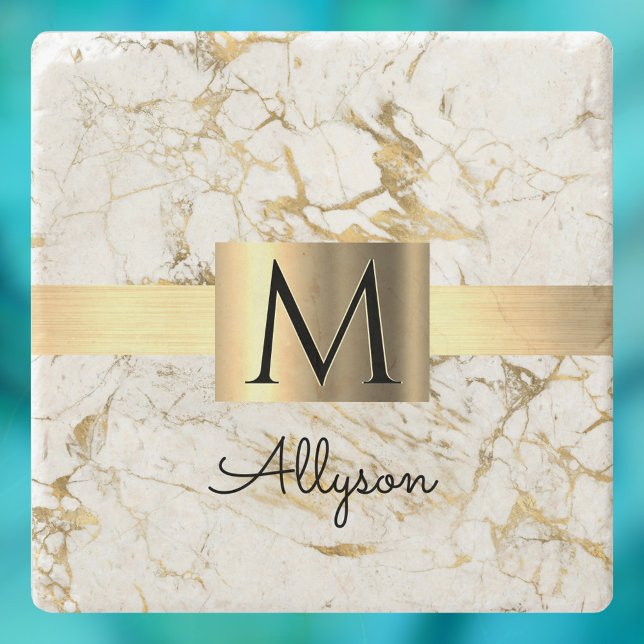 Wh & Guld Marble Guld Box, DIY Black Namn Monogram Stenunderlägg (Skapare uppladdad)