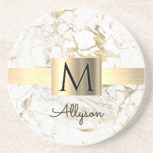 Wh & Guld Marble Guld Box, DIY Black Namn Monogram Underlägg