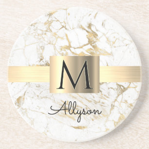 Wh & Guld Marble Guld Box, DIY Black Namn Monogram Underlägg