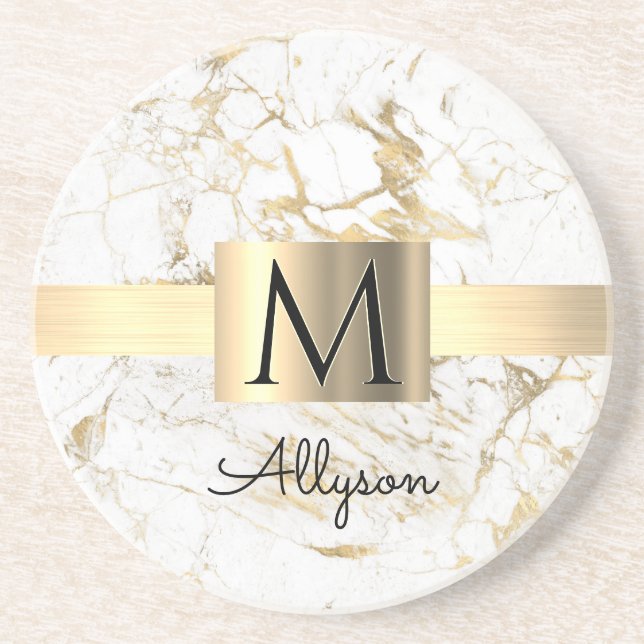 Wh & Guld Marble Guld Box, DIY Black Namn Monogram Underlägg (Framsidan)