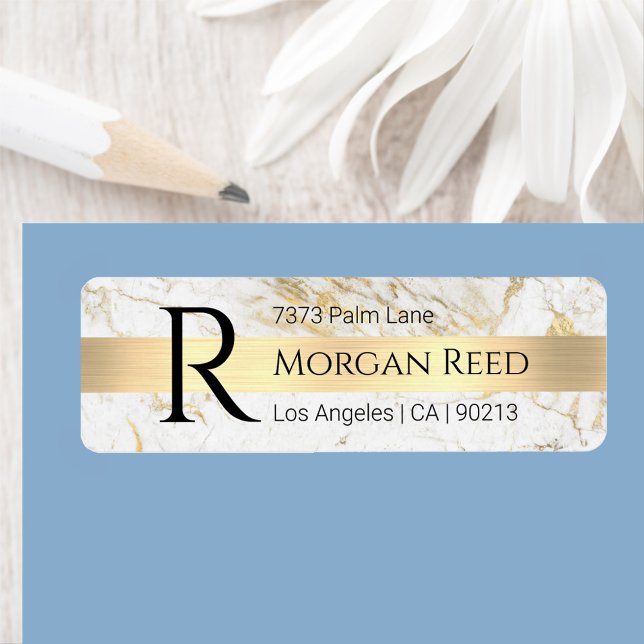 Wh/Guld Marble, Guld Pub Blk Namn Monogram Adress Returadress Etikett (Skapare uppladdad)