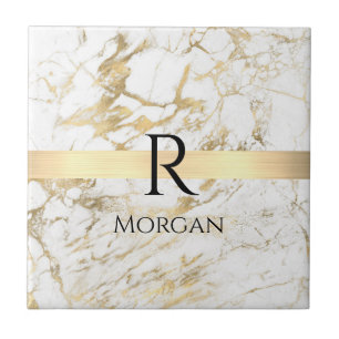 Wh & Guld Marble Guld Pub, DIY Black Namn Monogram Kakelplatta