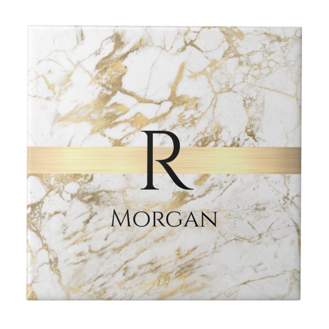 Wh & Guld Marble Guld Pub, DIY Black Namn Monogram Kakelplatta (Framsidan)