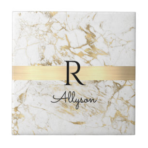 Wh & Guld Marble Guld Pub, DIY Black Namn Monogram Kakelplatta
