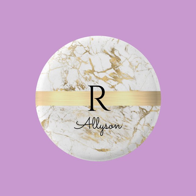Wh & Guld Marble Guld Pub, DIY Black Namn Monogram Knapp (Skapare uppladdad)