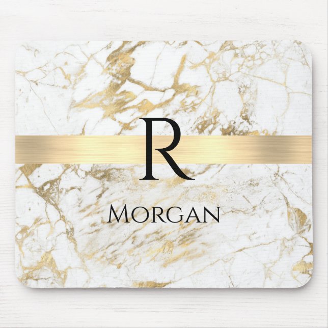 Wh & Guld Marble Guld Pub, DIY Black Namn Monogram Musmatta (Framsidan)