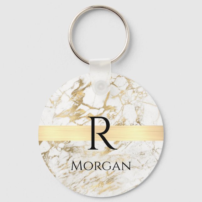 Wh & Guld Marble Guld Pub, DIY Black Namn Monogram Nyckelring (Framsida)