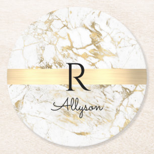 Wh & Guld Marble Guld Pub, DIY Black Namn Monogram Underlägg Papper Rund