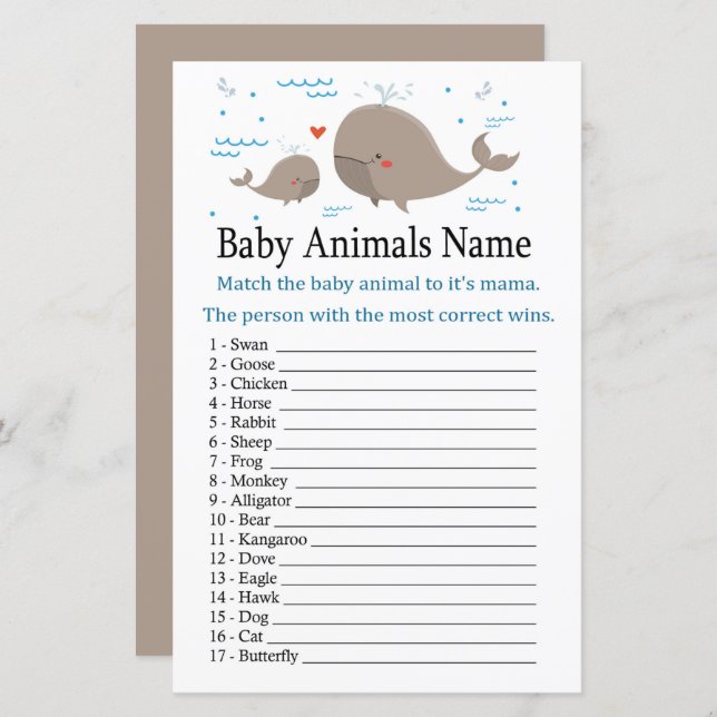 Whale Baby djur Namn Game (Fram/baksida)