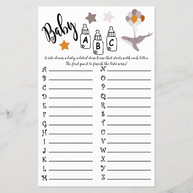 Whale Baby Shower BeSnyval Dream Game Baby ABC Flygblad (Framsidan)