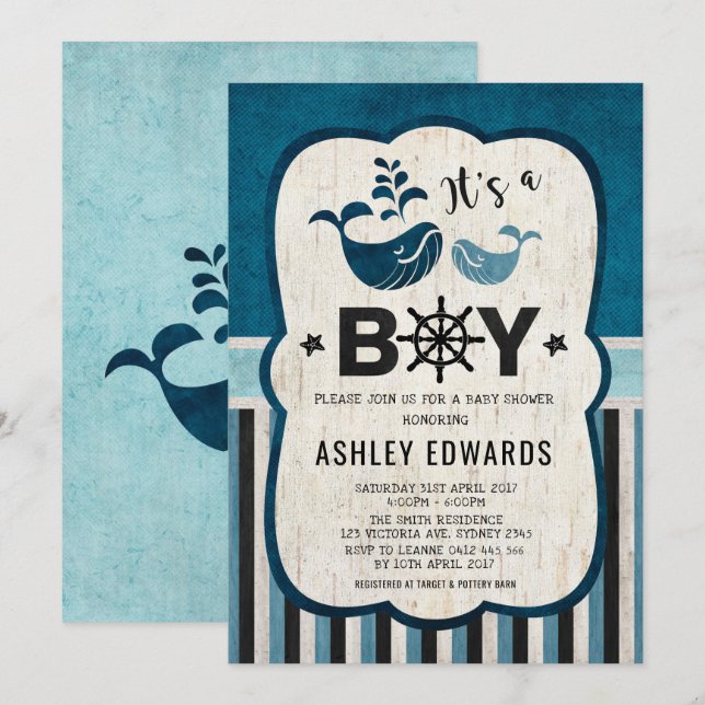 Whale Baby Shower Inbjudan Ahoy Det är en Boy Naut (Fram/baksida)