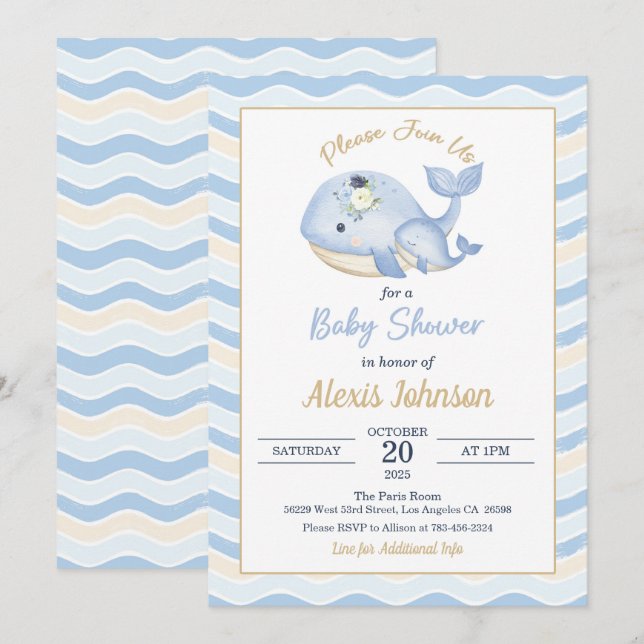 Whale Baby Shower Invitation Wavy Background Inbjudningar (Fram/baksida)