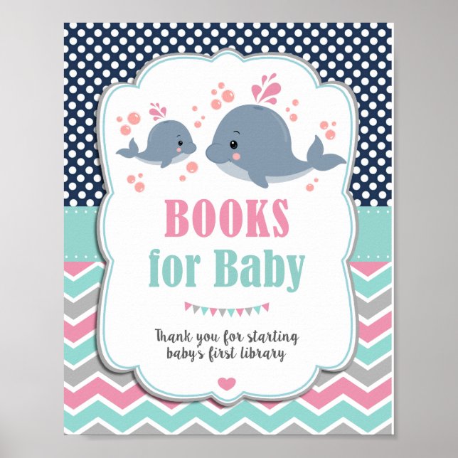 Whale Baby Shower Nautical Bokar för Baby-tecken Poster (Framsidan)