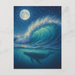 Whale Beneath Moonlit Wave - Pastel Painting Style Vykort