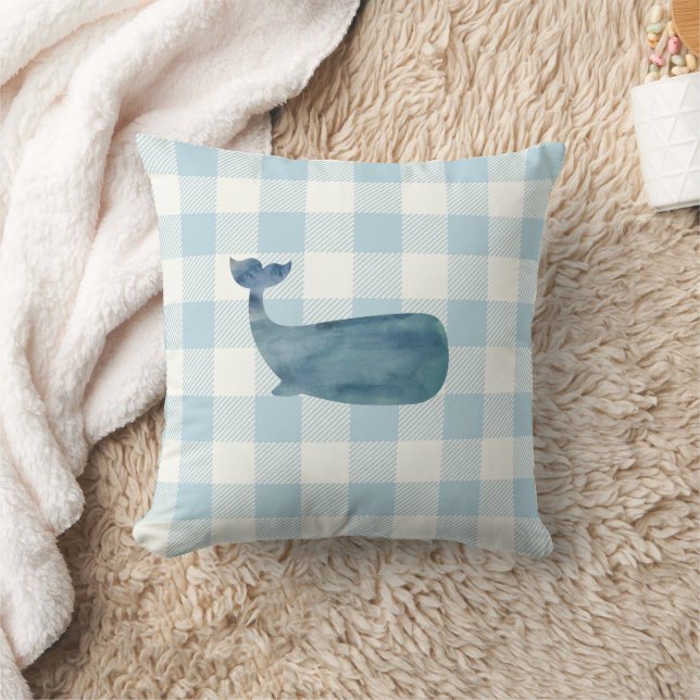 Whale Blue Gingham Check Coastal Kudde (Filt)