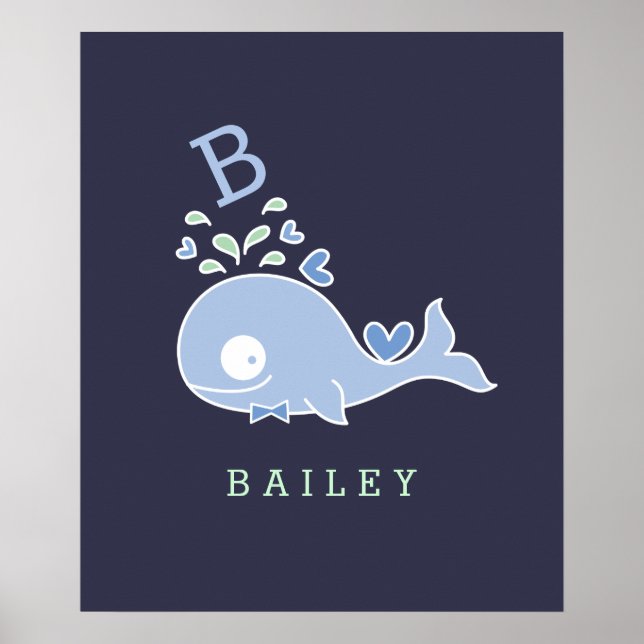 Whale Bow Tie Monogram Boy Nursery Wall Art Poster (Framsidan)