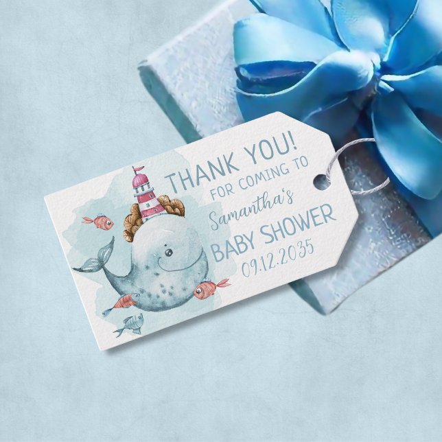 Whale Boy Shower Tack Presentetikett (Whale Boy Baby Shower Thank You Gift Tags
)