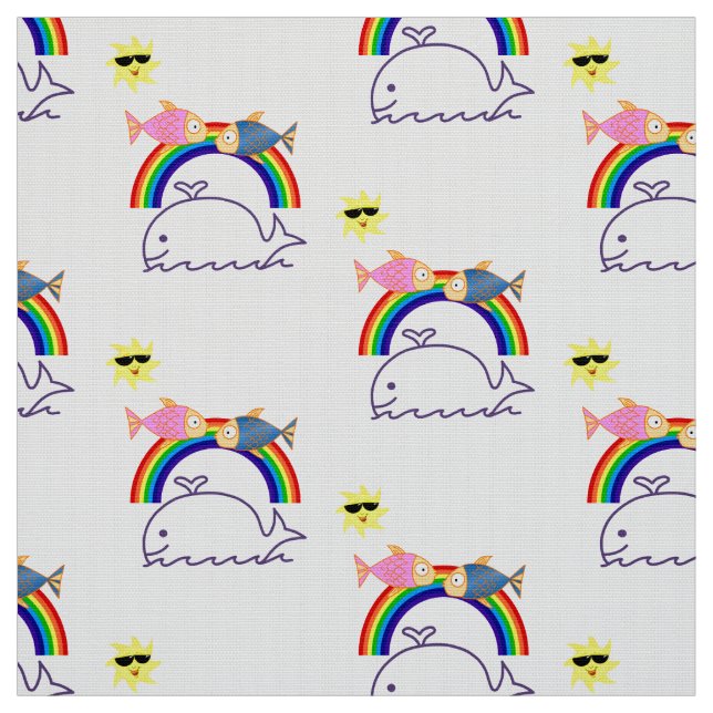 Whale Fish Rainbow Sol Fabric Tyg (Provkarta)
