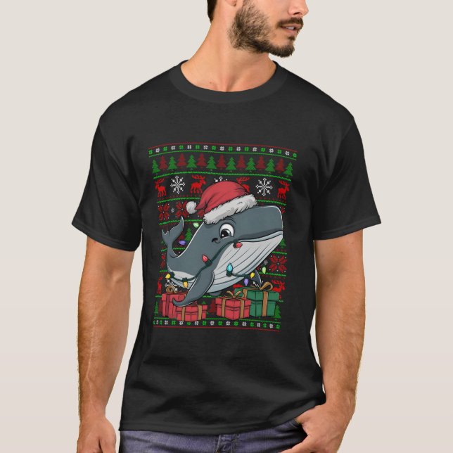 Whale Julafton Ljus Ugly Santa Hat Humpback Whale  T Shirt (Framsida)