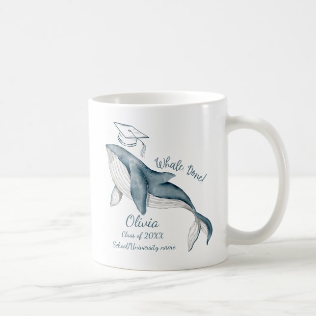 Whale med Grad White Blue Modern Studenten Gift Kaffemugg (Höger)