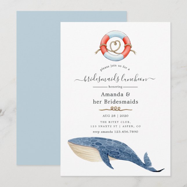 Whale Nautical Bröllop Bridesmaids Luncheon Inbjudningar (Fram/baksida)