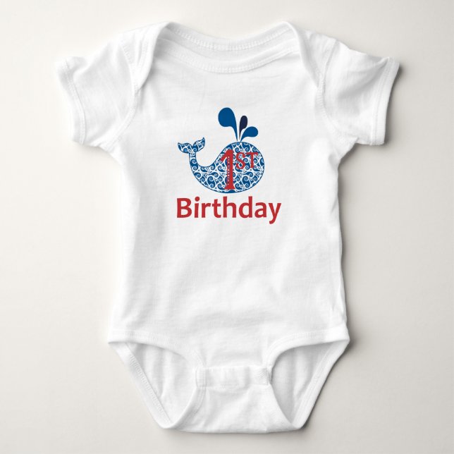 Whale Nautical First Birthday Boy Bodykostdräkt Tee (Framsida)