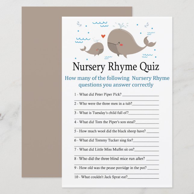 Whale Nursery Rhyme Quiz babyduschspel (Fram/baksida)