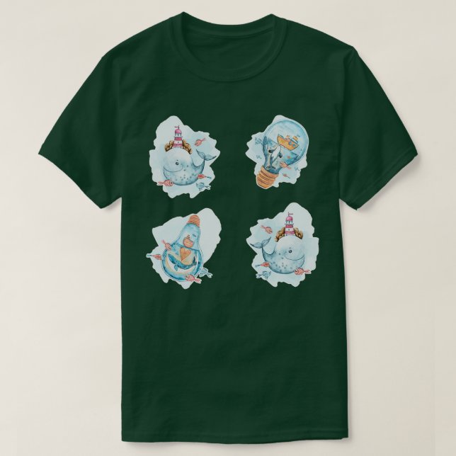 Whale Stickers Nautical Light House under Sea T Shirt (Design framsida)